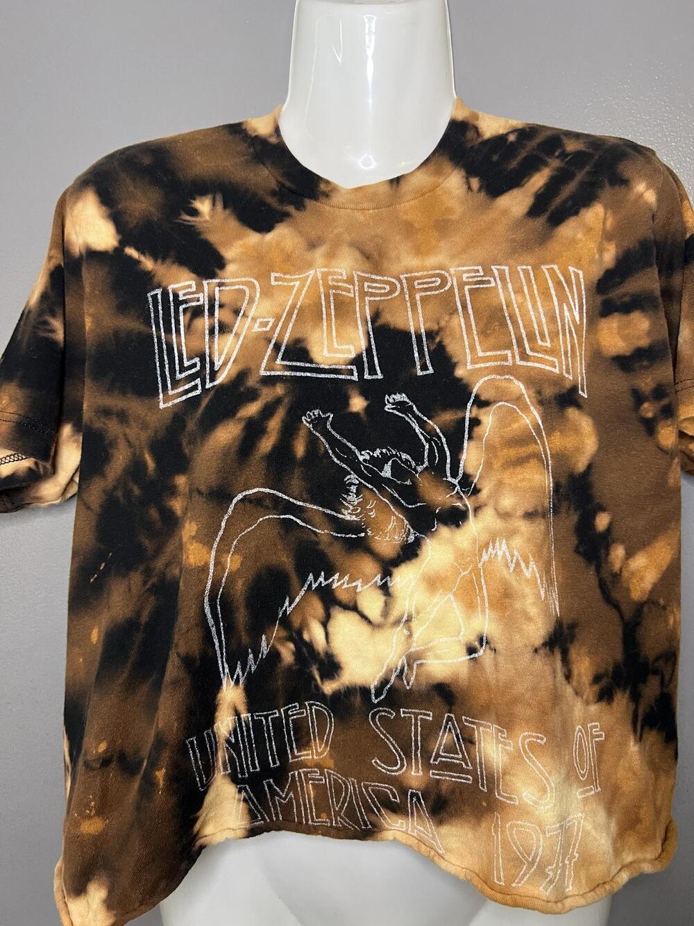 Led Zeppelin Shirt Womens Medium Cropped Brown Bleach Tie Dye 1977 Tour Band Tee